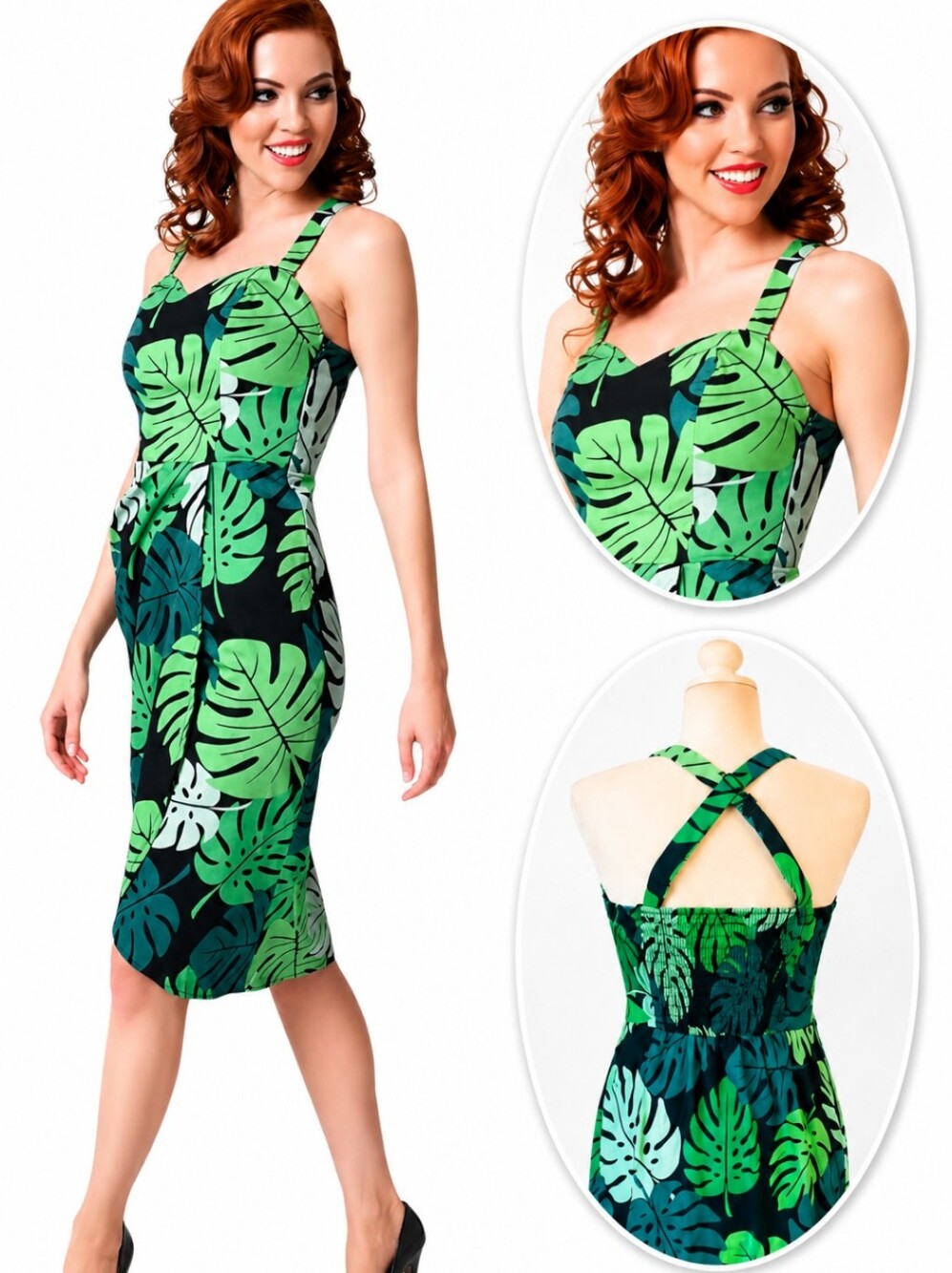 Collectif Mahina Tahiti Palm Print Green Patterned Dress Convertible Straps Sz M